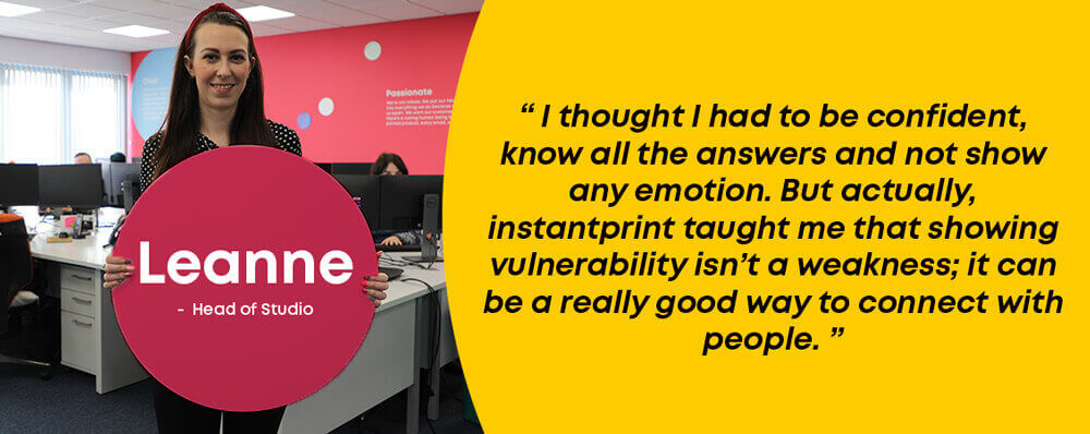 Leanne Head of instantprint Studio team with a quote for international women's day