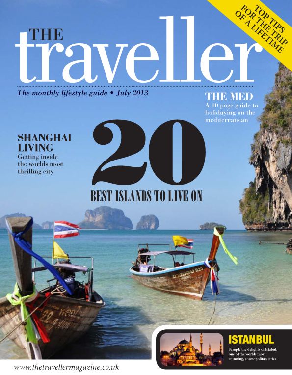 travel magazine front cover design with a beach