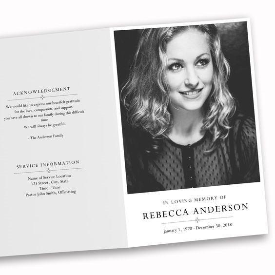 modern funeral order of service design with a black and white image of the deceased