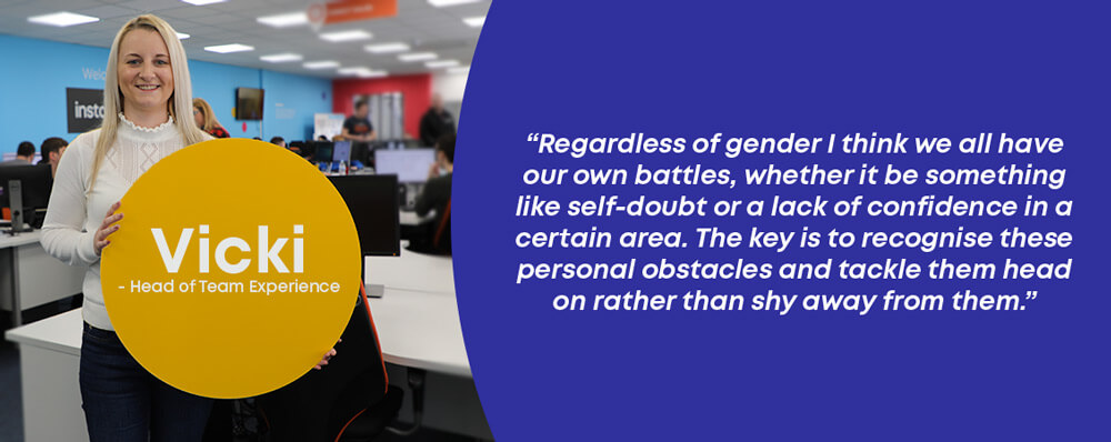 Vicki the head of team experience at instantprint with a quote about gender and print