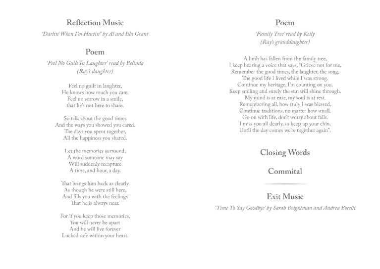 funeral order of service inside the booklet, music and poems for a non religious ceremony