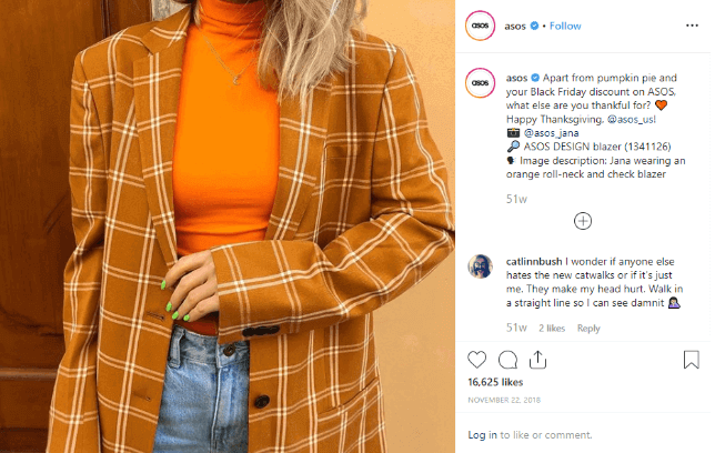 asos orange theme black friday social media post with woman in orange jumper