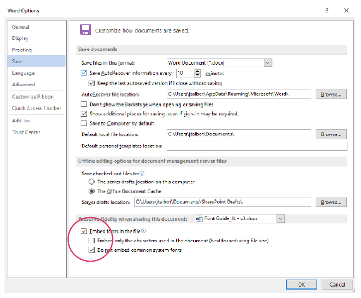 how to embed fonts in word