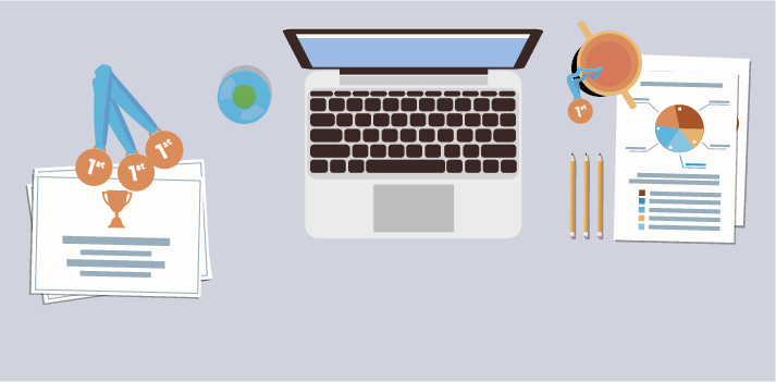 diagram of a trophy desk with medals and trophies displayed proudly