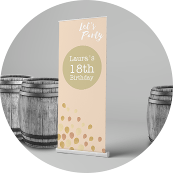 pink 18th birthday party roller banner on a grey background