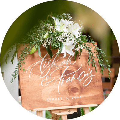 wedding sign design with white lilies on an easel